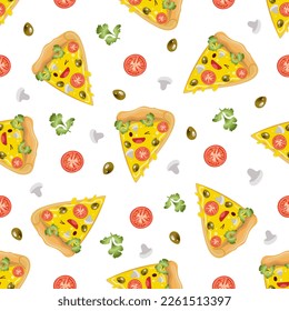 Pizza ligera sin costura. Ilustración vectorial. Concepto de icono de comida. Estilo de caricatura plano.