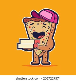 Cute pizza slice with boxes vector cartoon character isolated on background.