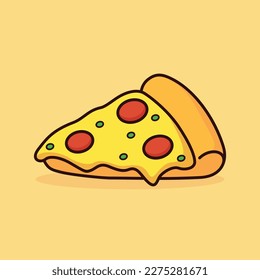 Cute pizza slice cartoon icon vector illustration. Melted cheese pepperoni pizza. Food icon concept illustration, suitable for icon, logo, sticker, clipart