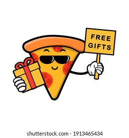 cute pizza slice cartoon mascot character funny expression  holding gifts box