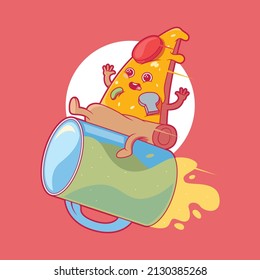 Cute Pizza slice character riding a beer mug vector illustration. Food, funny, brand design concept.