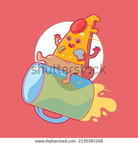 Cute Pizza slice character riding a beer mug vector illustration. Food, funny, brand design concept.