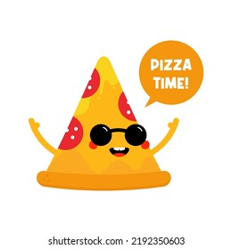 Pizzaausschnitt-Figur mit Sprachblase. Pizza Zeit Vektorgrafik-Stil Illustration.