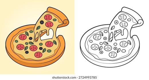 Cute pizza slice coloring page with melted cheese and tasty toppings. Simple clean line art with colored preview, perfect for kids coloring activities and printables. Main object and background are separated, not combined in one layer