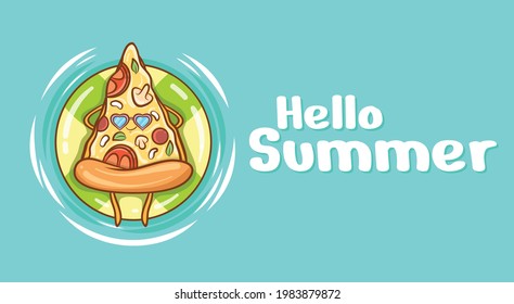 cute pizza slice floating relax with a summer greeting banner