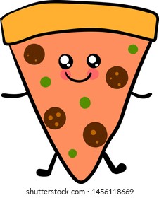 Cute Pizzaschnitt, Illustration, Vektorgrafik auf weißem Hintergrund.