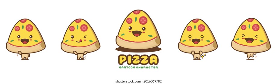 cute pizza slice mascot, food cartoon illustration, with different facial expressions and poses, isolated on white background