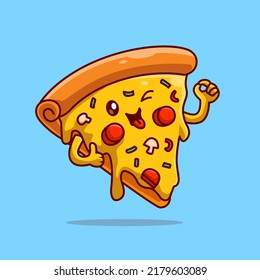 Cute Pizza Slice Melted With Thumbs Up Cartoon Vector Icon Illustration. Food Object Icon Concept Isolated Premium Vector. Flat Cartoon Style