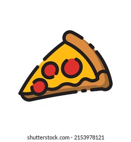 Cute Pizza Slice With Red Pepperoni Flat Design Cartoon For Shirt, Poster, Gift Card, Cover, Logo, Sticker And Icon.