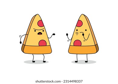 Cute pizza slices cartoon character having an argument