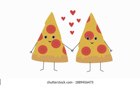 Cute pizza slices in love holding hands. Cartoon colorful food illustration. Tasty pizza characters with hearts around. Food love, Valentines day card