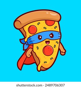 Cute Pizza Super Hero Cartoon Vector Icon Illustration. Food Holiday Icon Concept Isolated Premium Vector. Flat Cartoon Style