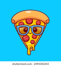 Cute Pizza Wearing Glasses Cartoon Vector Icon Illustration. Food Fashion Icon Concept Isolated Premium Vector. Flat Cartoon Style