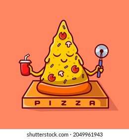 Cute Pizza Yoga Meditation Cartoon Vector Icon Illustration. Food Sport Icon Concept Isolated Premium Vector. Flat Cartoon Style