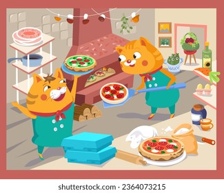 Cute pizzaiolo cats with pizza on shovel. Cartoon funny characters, scene for design. Food and professions. Vector illustration for children. 