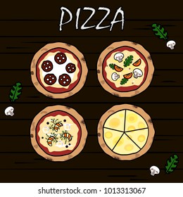 Cute pizzas on the wooden table ilustration. Cheese pizza, seafood pizza, salami pizza, vegeterian pizza