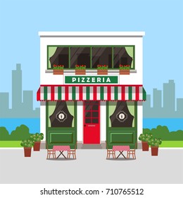 Cute Pizzeria Building With Outside Tables And City Landscape, Trendy Flat Style Vector Design Template