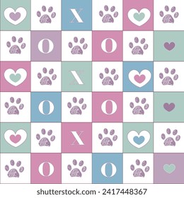 
Cute plaid pink, blue and green pastel colored hearts with oxxo text pattern with paw prints