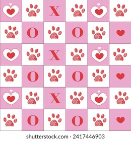 Cute plaid pink and red hearts with oxxo text pattern with paw prints