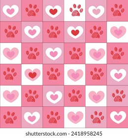 Cute plaid pink and red hearts pattern with paw prints