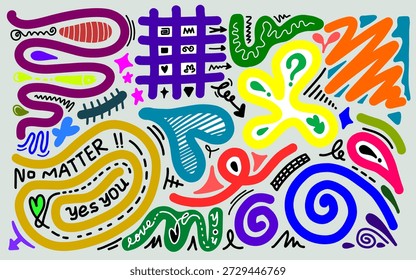 Eine niedliche, schlichte, abstrakte Aufkleberpackung. Funky Blumen, Blasen, Sterne, Kreise und Herzen in einem trendigen 90er Jahre Retro-Cartoon-Stil.