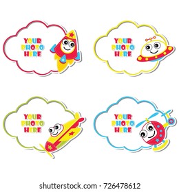 Cute plane, helicopter, ufo, and rocket on colorful frame vector cartoon illustration for kid photo frame design, label tag and sticker set design