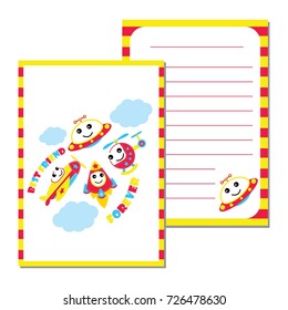 Cute Plane, UFO, rocket and helicopter vector cartoon illustration for kid paper card design, planner paper and stationery paper