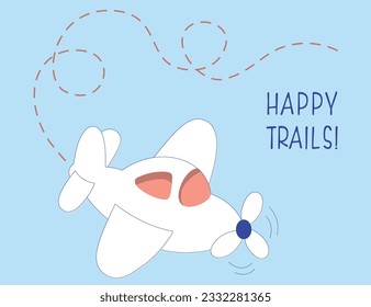 Cute plane with vapor trail on blue sky with editable text 