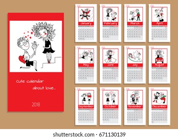 Cute Planer Calendar For 2018 About Love.  Vector Design Template. Set Of 12 Months. 