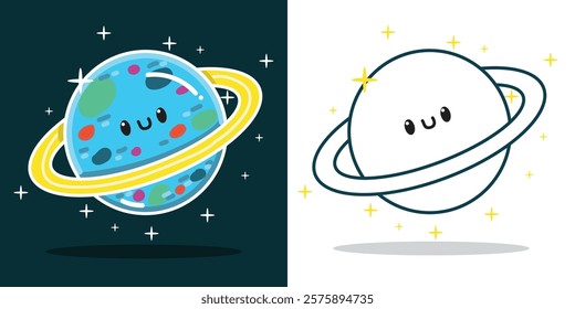 A cute planet cartoon illustration for a sticker, design element, or coloring book element