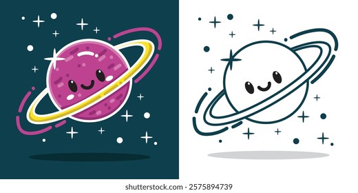 A cute planet cartoon illustration for a sticker, design element, or coloring book element