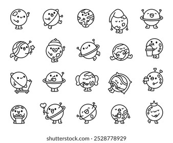 Cute planet characters. Coloring Page. Friendly space objects. Hand drawn style. Vector drawing. Collection of design elements.