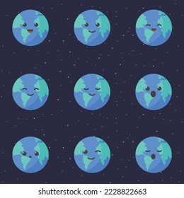 Cute planet earth cartoon character. Set of cute cartoon globes with different emotions. Vector illustration