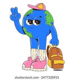 Un lindo personaje del planeta tierra con una mochila. Ilustración de estilo de moda retro. Educación y concepto de regreso a la escuela.