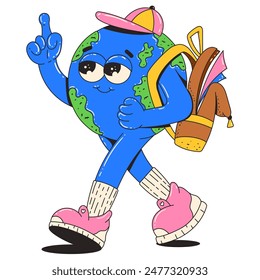 A cute planet earth character with a backpack. Trendy retro groovy style illustration. Education and back to school concept.