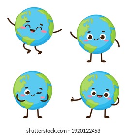 Cute planet earth character. Cartoon planet emoji collection. Earth Day card vector illustration