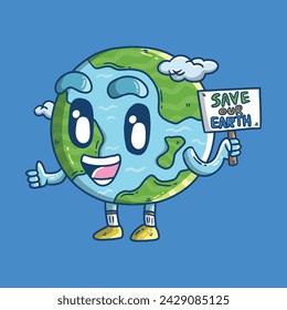 Cute planet earth character. Cartoon earth illustration. Earth Day vector illustration. Hand drawn vector illustration