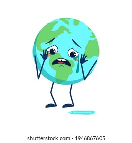 Cute planet earth character with crying and tears emotions, face, arms and legs isolated on white background. The funny or sad hero. Vector flat illustration
