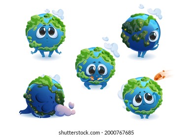 Cute planet Earth character with different emotions isolated on white background. Vector set of cartoon funny Earth smile, sleep, play with plane and ship, scared by meteorite. Creative emoji set