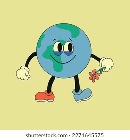 Cute planet earth character. Cute earth globe with emotions, face, arms, legs in shoes. Cartoon style. Hand drawn fashion vector illustration. World earth day, nature care concept