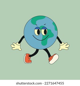 Cute planet earth character. Cute earth globe with emotions, face, arms, legs in shoes. Cartoon style. Hand drawn fashion vector illustration. World earth day, nature care concept