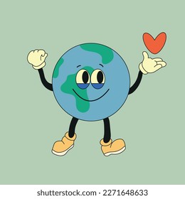 Cute planet earth character. Cute earth globe with emotions, face, arms, legs in shoes. Cartoon style. Hand drawn fashion vector illustration. World earth day, nature care concept