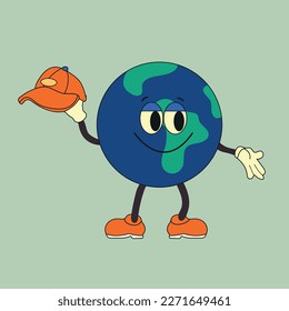 Cute planet earth character. Cute earth globe with emotions, face, hands, cap, feet in shoes. Cartoon style. Hand drawn fashion vector illustration. World earth day, nature care concept