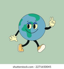 Cute planet earth character. Cute earth globe with emotions, face, arms, legs in shoes. Cartoon style. Hand drawn fashion vector illustration. World earth day, nature care concept