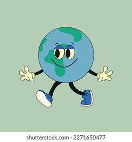 Cute planet earth character. Cute earth globe with emotions, face, arms, legs in shoes. Cartoon style. Hand drawn fashion vector illustration. World earth day, nature care concept