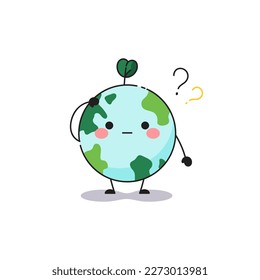 Cute planet Earth character. Globe planer Earth mascot has a question. Vector green planet with leaf.