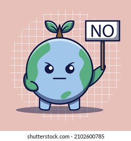 Cute planet earth character holding a sign saying No vector illustration. Flat cartoon style. Suitable for sticker, mascot, icon, logo, web landing page, and more. Save the planet.