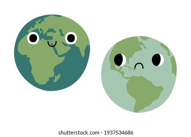 Cute planet Earth character with sad and smiling faces. Kawaii globe. Funny celestial body. Happy Earth Day, Earth Hour, environment safety celebration. Vector flat cartoon illustration