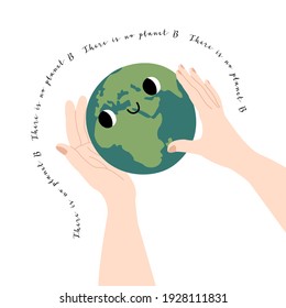 Cute planet Earth character with smiling face. Kawaii globe. Funny celestial body. Hands hold our planet. Happy Earth Day, Earth Hour, environment safety celebration. Vector flat cartoon illustration