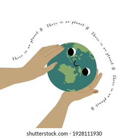 Cute planet Earth character with smiling face. Kawaii globe. Funny celestial body. Hands hold our planet. Happy Earth Day, Earth Hour, environment safety celebration. Vector flat cartoon illustration